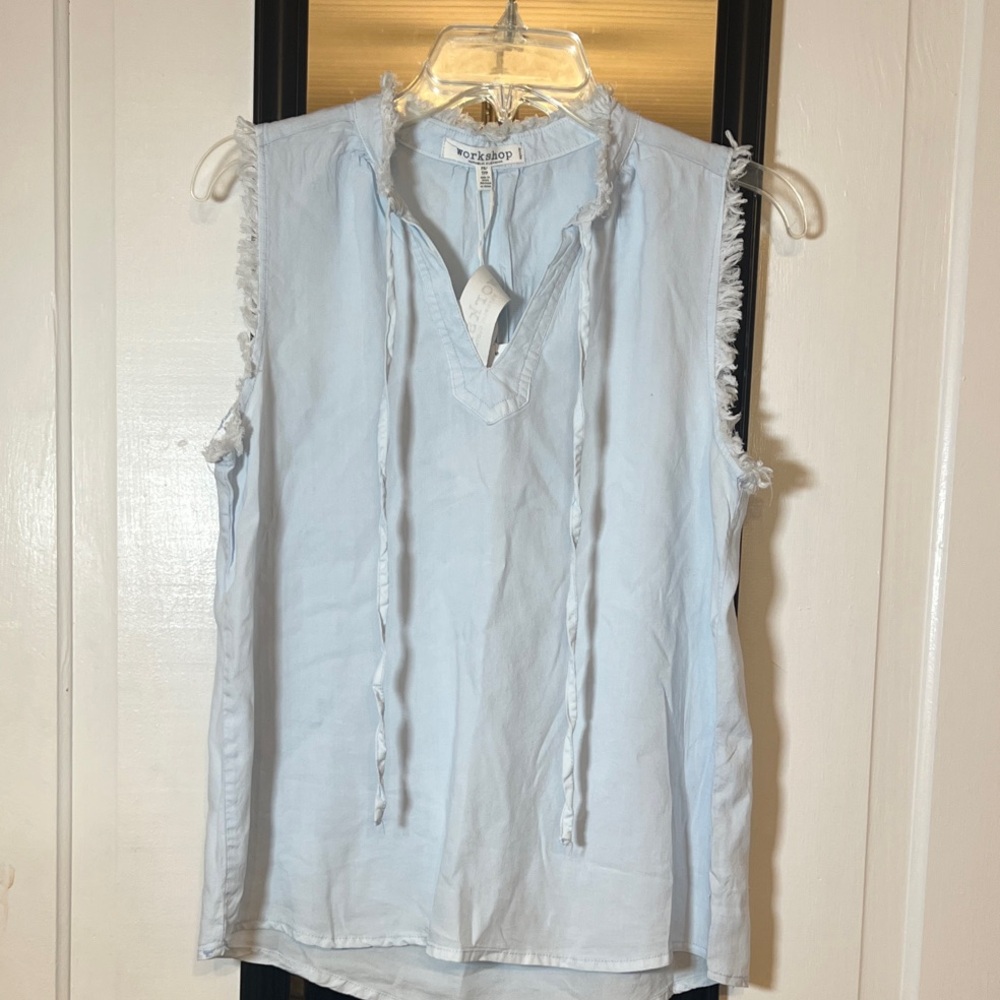 Workshop Republic Clothing Sky Blue Frayed Edge Blouse - flaw